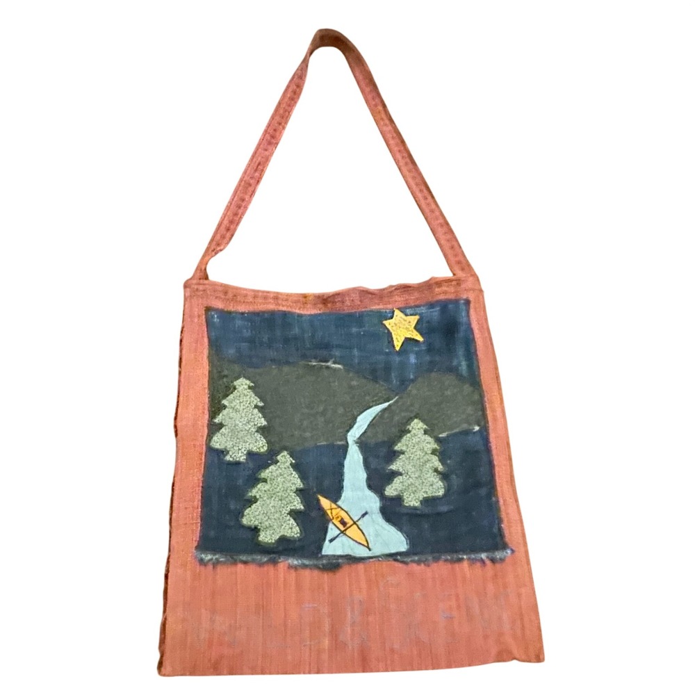 Handmade Nature Applique Canvas Tote Bag Kayak Waterfall Trees Terracotta